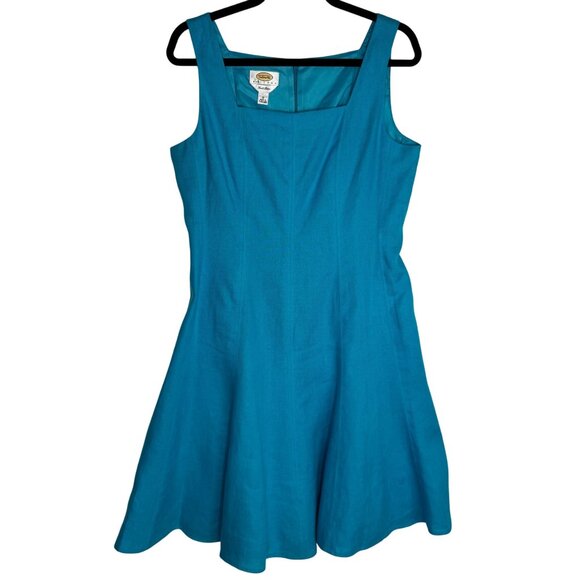 Talbots Sz 12P Turquoise 100% Linen ALine Resort Dress Vacationcore Quiet Luxury - Picture 2 of 9